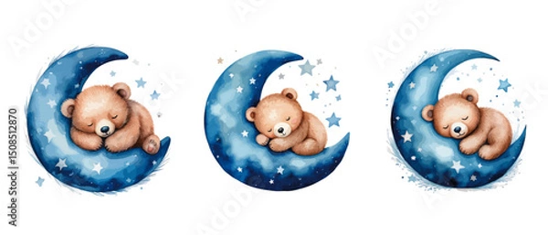 Obraz Teddy bear sleeps sweetly on the moon, in blue shades - vector watercolor illustrations for Babyshower for boy, for birthday