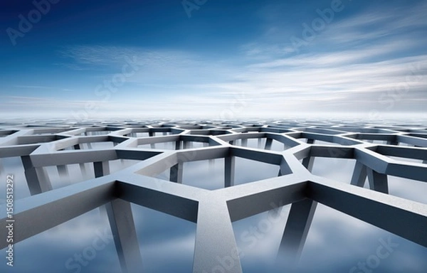 Fototapeta Complex geometric maze structure showcasing intricate designs against a serene sky, evoking a feeling of tranquility and introspection