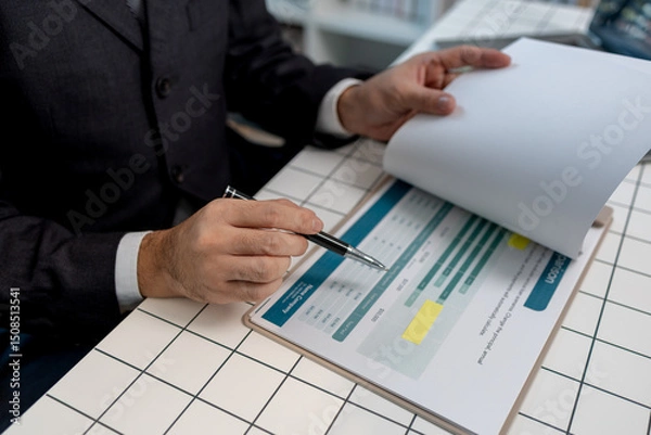 Fototapeta a businessman is sitting at work in his private office, an employee is handling documents to finish on time, accountant, finance, statistics documents, professional, workplace