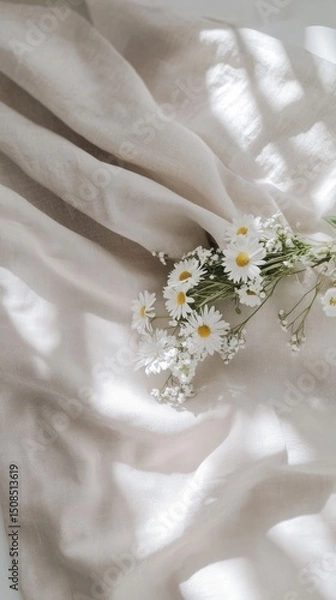 Fototapeta Fresh daisies arranged delicately on a soft linen fabric in natural light during the morning