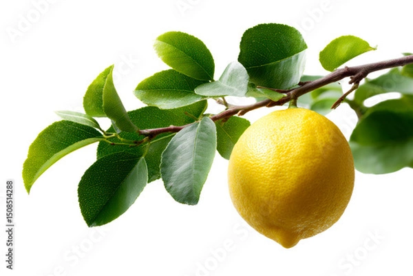 Obraz Fresh lemon hanging from green branch under natural light