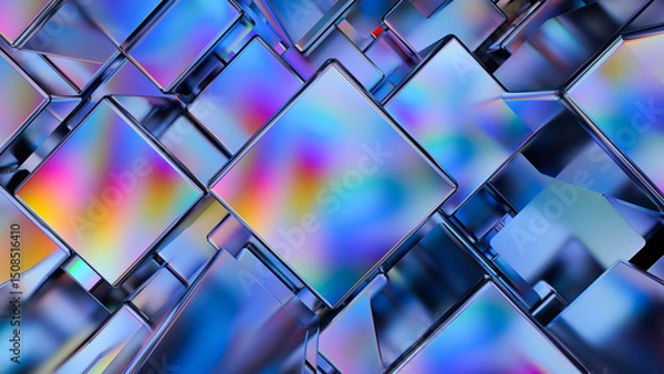Fototapeta 3d Abstract neon box background. Holographic Iridescent futuristic background. 3d rendering illustration not AI