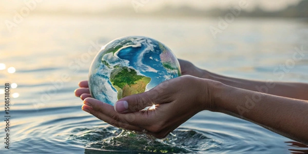 Obraz World Environment Day. Two hands gently cradling the world in the concept of global water conservation and protecting the environment from the impacts of climate change for sustainable living