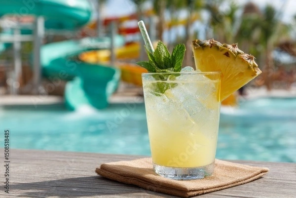 Obraz Refreshing tropical cocktail with mint and pineapple slice by a swimming pool in sunny atmosphere