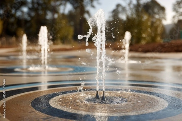 Obraz Water fountain splashes creating dynamic patterns on a colorful pavement surface in sunlight