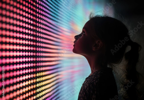 Fototapeta Silhouette of a little girl standing near illuminated neon LED wall looking amazed. Concept of futuristic cyberspace,  metaverse, modern digital technology.  