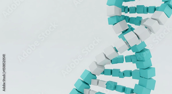 Obraz Abstract DNA helix from turquoise & white cubes. Genetic code, biology, science, technology concept. Modern minimalist design for medical research, biotechnology on light background with copy space