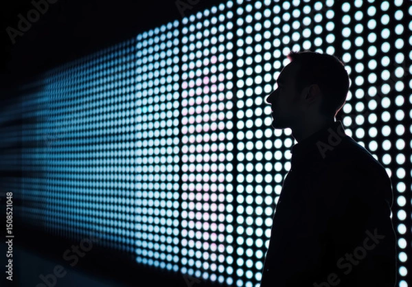 Fototapeta Silhouette of a man standing near illuminated neon LED wall. Concept of futuristic cyberspace,  metaverse, modern digital technology. 