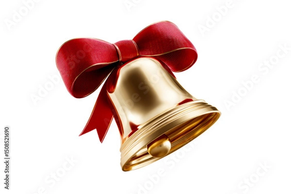 Obraz Festive golden bell with red ribbon on transparent background