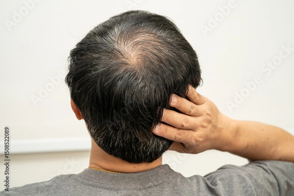 Fototapeta Bald in the middle head and begin no loss hair glabrous of mature Asian business smart active office man.
