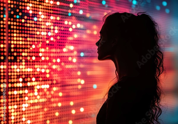 Fototapeta Silhouette of a young woman with long hair standing near illuminated neon LED wall. Concept of futuristic cyberspace,  metaverse, modern digital technology. 