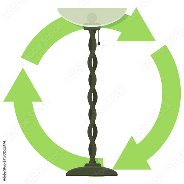 Fototapeta Living room floor lamp with a green circular symbol of three recycling arrows in a flat design style (cut out)