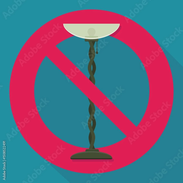 Fototapeta Living room floor lamp with a circular red strikethrough prohibition symbol on a blue background with long shadow in flat design style