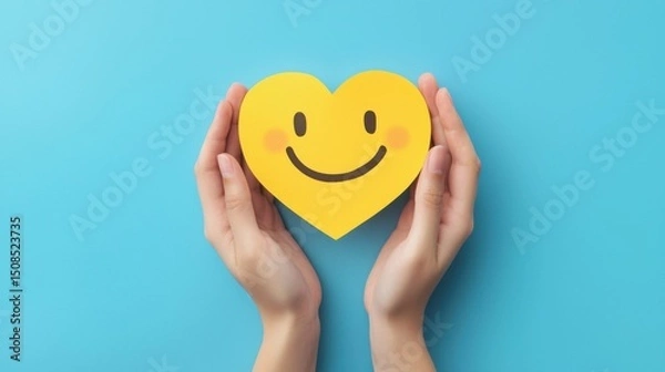 Fototapeta paper cut smiley face in hands make heart symbol for protection around on blue background. positive thinking, mental health, assessment, world mental health day concept