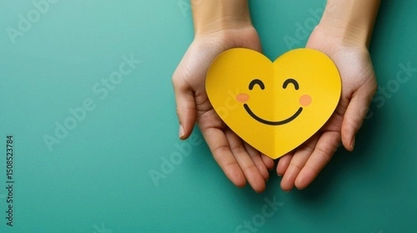 Fototapeta paper cut smiley face in hands make heart symbol for protection around on blue background. positive thinking, mental health, assessment, world mental health day concept