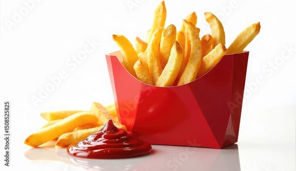 Fototapeta Crispy French Fries in a Red Box with Ketchup