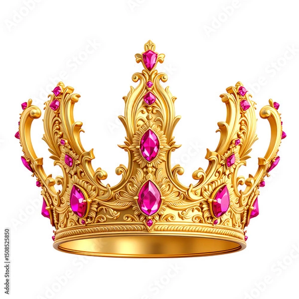 Fototapeta A golden crown adorned with pink gemstones against a stark black background in a studio setting isolated with white background