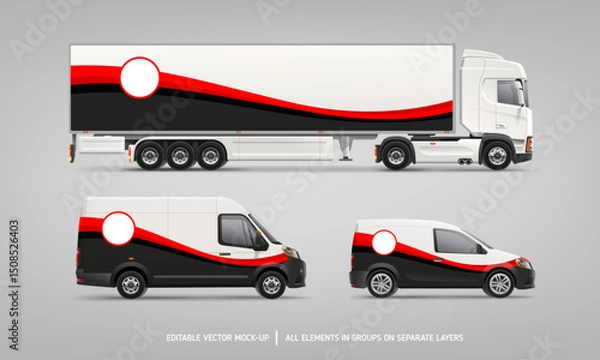 Fototapeta Side view Van, Truck mockup with red stripe branding design. Brand identity of red stripe for your logo design space. Branding vehicle. Horizontal AD banner. Editable vector template