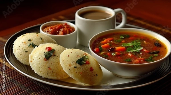 Fototapeta South Indian Breakfast Idli with Sambar, and Coffee.