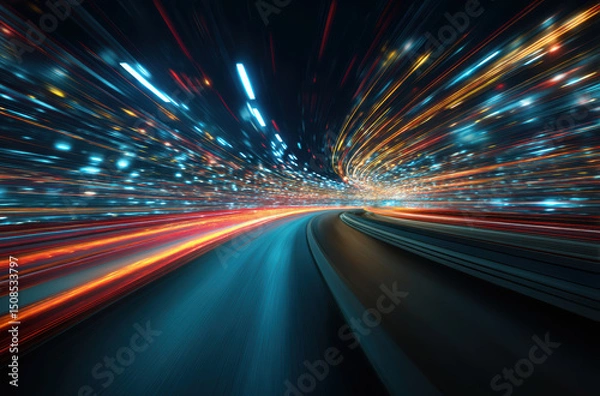 Fototapeta Dynamic light trails create sense of speed and motion on winding road at night, showcasing vibrant colors and energy