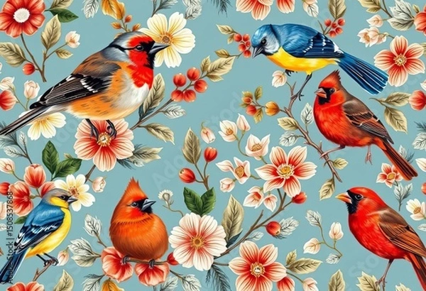 Fototapeta Vintage winter bird botanical seamless pattern featuring tit, robin, jay, bullfinch, bluebird, and cardinal in blue, white, and red, ornithology, fabric