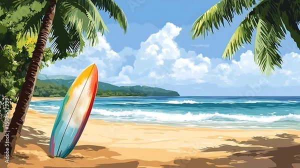 Fototapeta Colorful surfboard on a tropical beach scene.