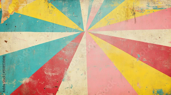 Obraz Retro sunburst pattern with distressed texture and colorful rays radiating from the center, ideal for vintage design and nostalgic backgrounds.

