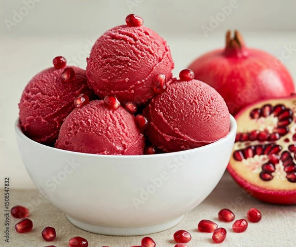 Fototapeta Close-up of a white bowl filled with three scoops of pomegranate creamy ice cream, garnished with a fresh pomegranate berries.