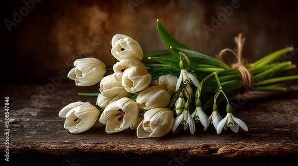 Obraz White Tulips  Snowdrops Spring Bouquet.