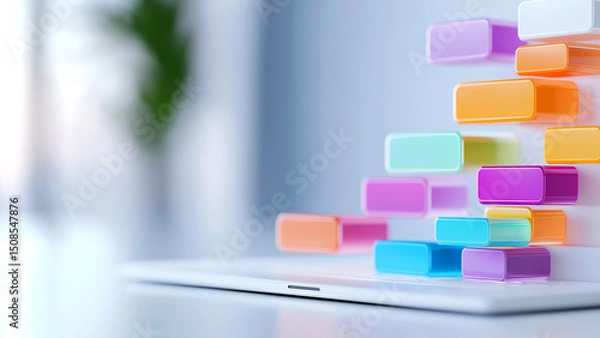 Fototapeta Colorful blocks stacked on tablet in modern abstract display
