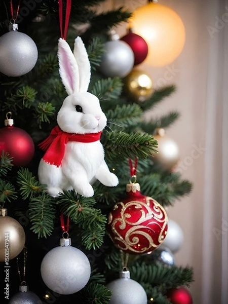 Obraz christmas tree with bunny toy  and decorations