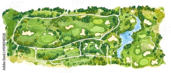 Fototapeta clipart style animated map of golf course layout with legend tees bunkers and water clean vector style white background