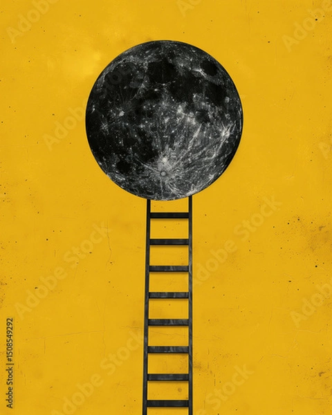 Obraz Gray ladder leaning on a black moon over yellow background. Contemporary art collage. Concept of dreams, ambition, reaching goals. Poster for motivational program or startup. Generative AI