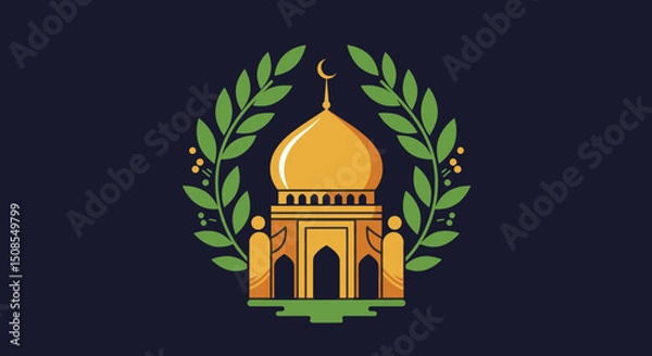 Fototapeta A peaceful, illustrated view of a mosque with a golden dome and elegant minarets. The mosque is surrounded by greenery and people walking together in front of it, symbolizing unity and peace.