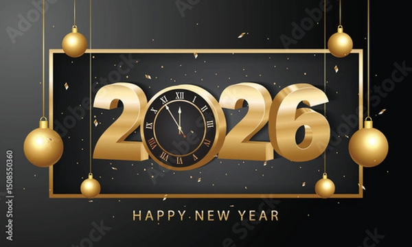 Fototapeta Happy new year 2026. 3d gold numbers with golden Christmas decoration and confetti on dark  background. Holiday greeting card design.