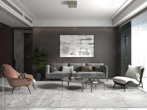 Fototapeta Mock up of a modern living room with a stylish large sofa and trendy decorative background, 3D rendering.