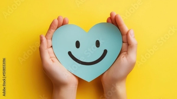 Fototapeta paper cut smiley face in hands make heart symbol for protection around on yellow background. positive thinking, mental health, assessment, world mental health day concept