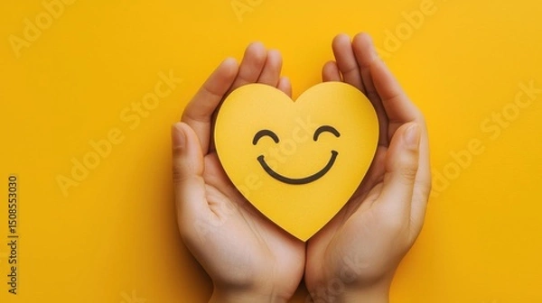 Fototapeta paper cut smiley face in hands make heart symbol for protection around on yellow background. positive thinking, mental health, assessment, world mental health day concept