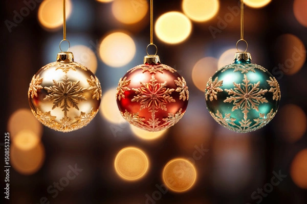 Fototapeta Three Christmas Ornaments, Gold, Red, and Teal Baubles. Snowflake Patterned Decorations, Holiday Season, Festive, Bright Bokeh Background, Traditional Decor.