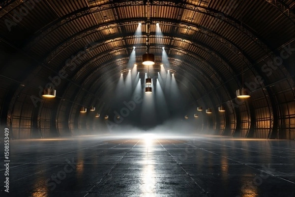 Obraz Atmospheric industrial hangar with dramatic lighting and misty ambiance.