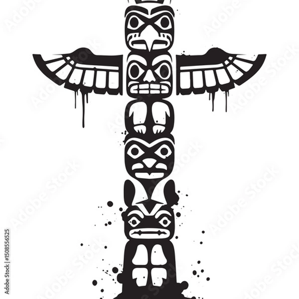 Fototapeta Striking Totem Pole Vector Illustration with Stencil and Drippin