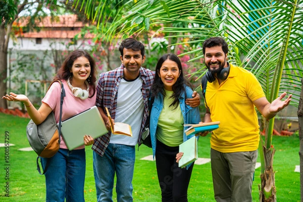 Obraz Indian university classmates standing outdoors in garden, collaborating and sharing ideas together