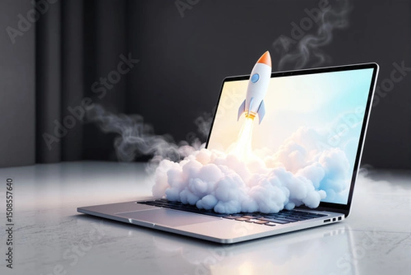 Fototapeta Rocket launching from a laptop screen with smoke and light effects.