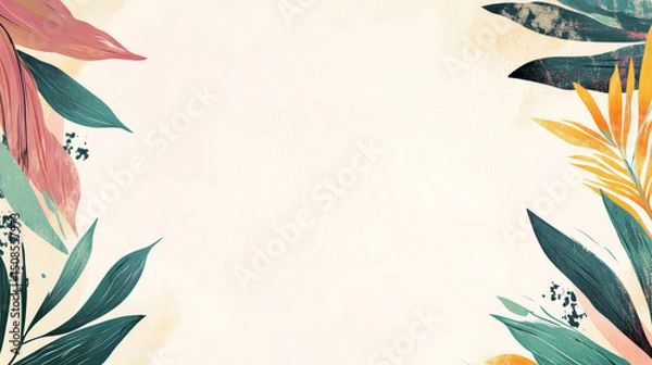 Obraz Hand-drawn tropical leaves framing a light background, ideal for invitations, summer designs, and botanical-themed compositions.

