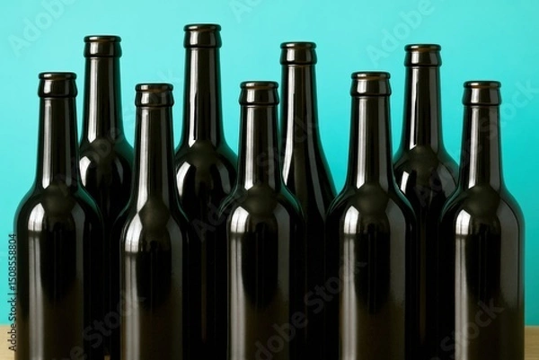 Fototapeta Symmetrical Arrangement of Dark Glass Bottles Against Aqua Backdrop Demonstrating Balance and Repetition for Artistic or Conceptual Purposes
