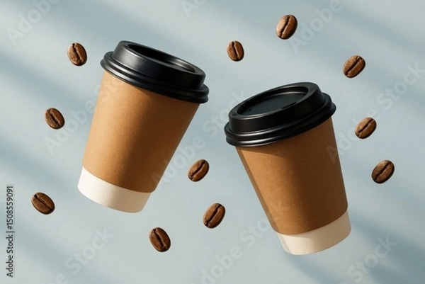 Fototapeta Two Floating Coffee Cups with Roasted Beans showcasing Beverage Branding and a Modern Design for a Coffee Shop or Cafe