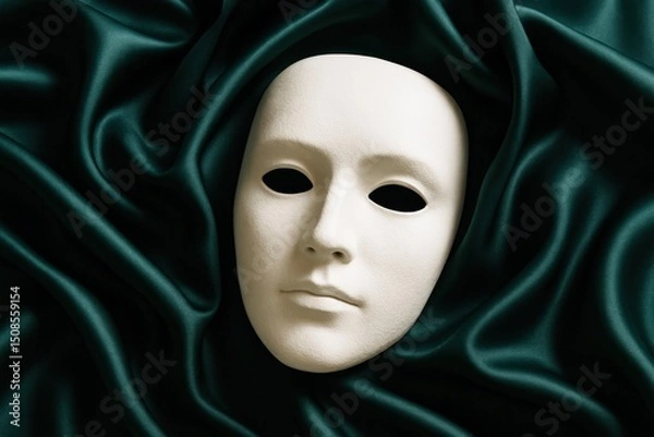 Fototapeta White Mask Resting on Dark Teal Satin, Exploring Themes of Identity, Mystery, Theatre, and Elegant Concealment