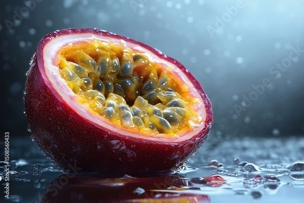 Fototapeta Close-up of a halved passion fruit showing its vibrant yellow pulp and black seeds, glistening with water droplets on a reflective surface. Healthy eating, organic produce, food photography, nutrition