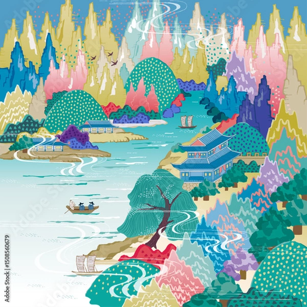 Obraz 산과 강이 있는 현대적인 한국 풍경 벡터 일러스트
