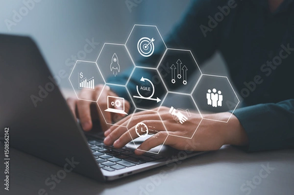 Fototapeta Agile software development or project management using kanban or scrum method boards, processes, workflows, visual organizers and framework technologies.